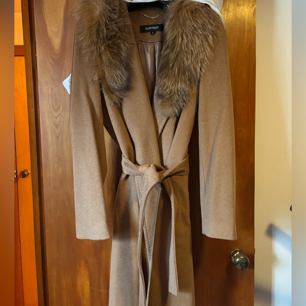 Elegant camel color belted dress Coat with Fur Collar